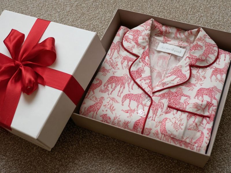 ženska pidžama uredno složena u beloj kutiji za poklon sa crvenom mašnom