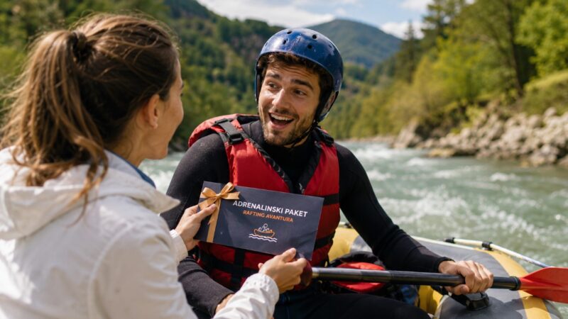 Devojka poklanja partneru zajedničko rafting iskustvo na planinskoj reci