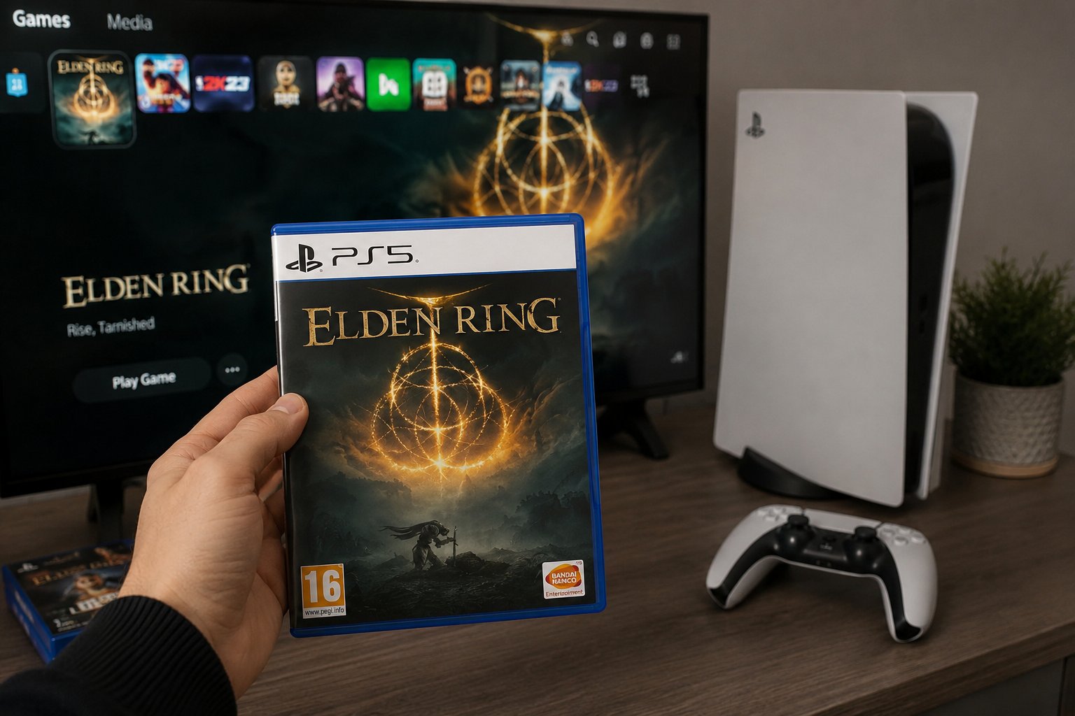 Elden Ring igra za PS5 pored konzole i kontrolera.